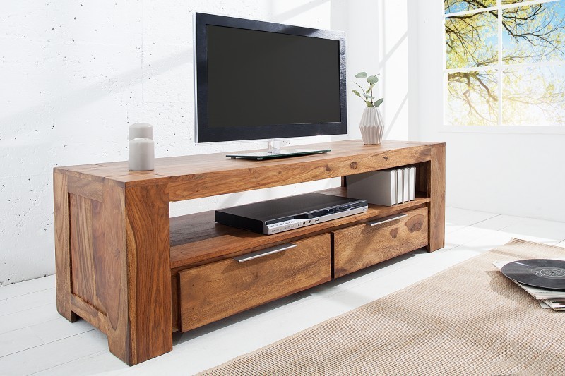Meuble TV en Bois Massif Sheesham 135 cm — 2 Tiroirs & Niche, Coloris Naturel