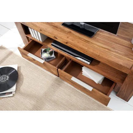 Meuble TV en Bois Massif Sheesham 135 cm — 2 Tiroirs & Niche, Coloris Naturel 2
