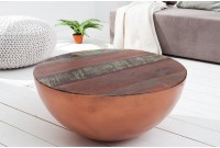 Table basse design rétro coloris cuivre nature en bois massif et en métal