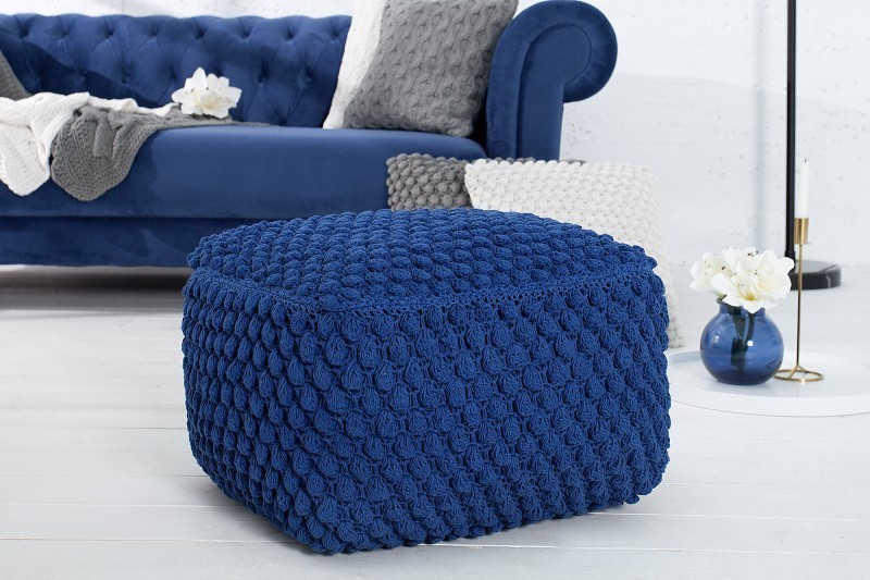 Pouf design tricoté de 55cm coloris bleu en coton