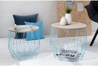 Lot de 2 tables d'appoint design cage coloris bleu ciel avec plateau rond coloris chêne