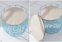 Lot de 2 tables d'appoint design cage coloris bleu ciel avec plateau rond coloris chêne