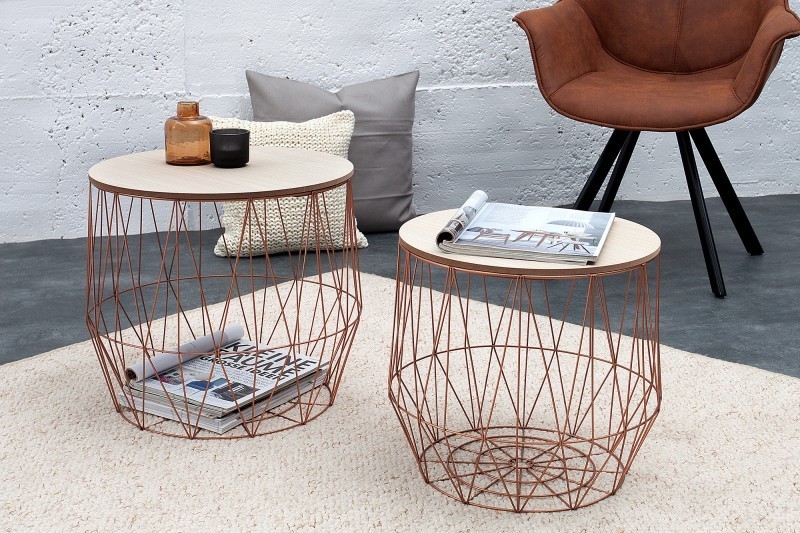 Lot de 2 tables d'appoint design cage coloris cuivre avec plateau rond coloris chêne