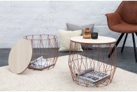 Lot de 2 tables d'appoint design cage coloris cuivre avec plateau rond coloris chêne