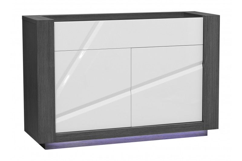 Bahut design LED 1 tiroir 2 portes ouvrantes teinté blanc laqué et gris foncé