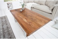 Table basse moderne coloris naturel et chromé en bois massif et métal