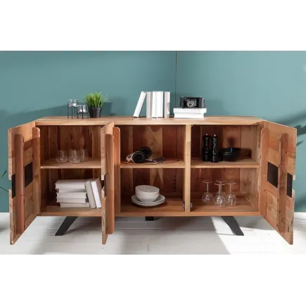 Bahut moderne de couleur naturel et noir en bois massif et en métal 2