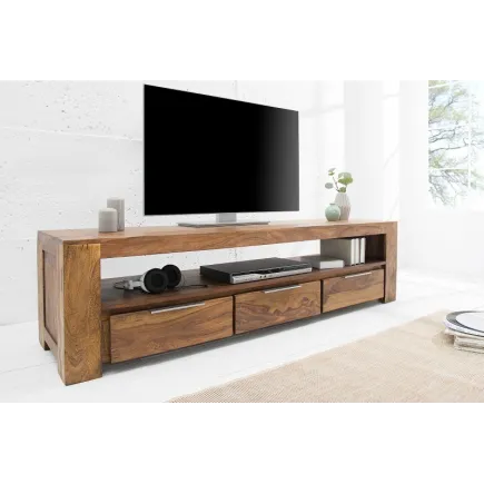 Meuble tv moderne 170cm design en bois massif sheesham avec rangement coloris naturel