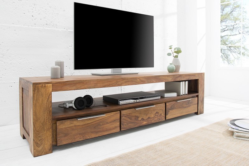 Meuble tv moderne 170cm design en bois massif sheesham avec rangement coloris naturel