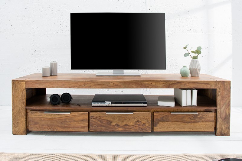 Meuble tv moderne 170cm design en bois massif sheesham  avec rangement coloris naturel