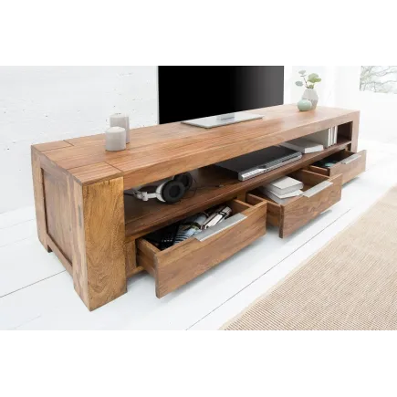 Meuble tv moderne 170cm design en bois massif sheesham avec rangement coloris naturel 2