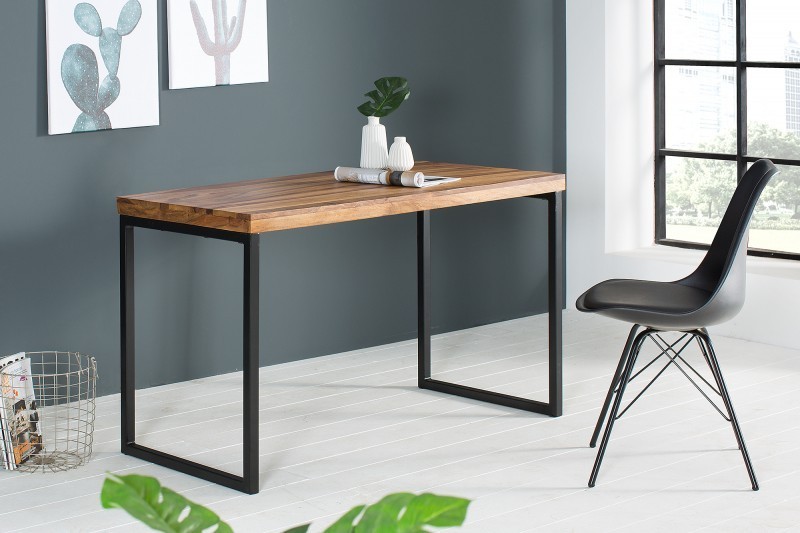 Table de bureau contemporaine de couleur naturelle et noire en bois massif et métal