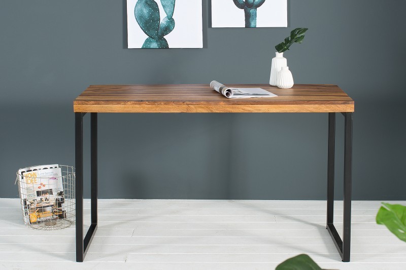 Table de bureau contemporaine de couleur naturelle et noire en bois massif sheesham  et métal