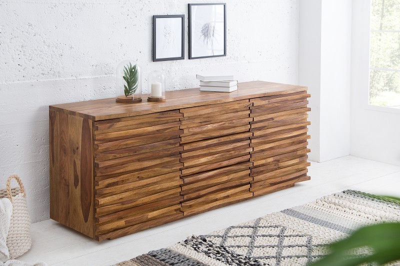 Buffet en Bois Massif RELIEF – 160 cm – Finition Pierre en Sheesham Marron