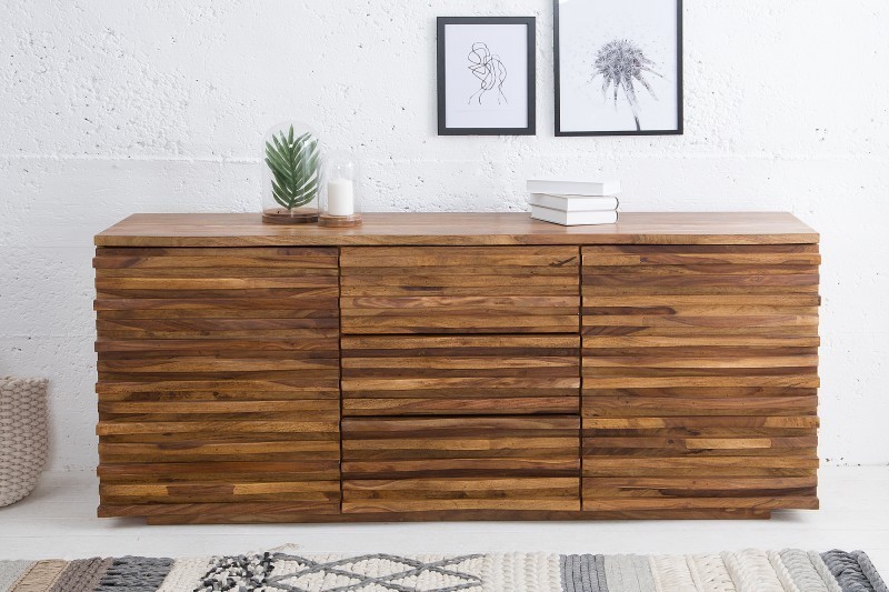 Bahut design coloris naturel en bois massif à 3 tiroirs et 2 portes