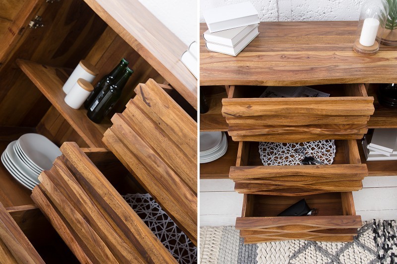 Buffet en Bois Massif RELIEF – 160 cm – Finition Pierre en Sheesham Marron