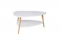 Table basse design ovale rétro coloris blanc et chêne avec rangement