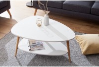 Table basse design ovale rétro coloris blanc et chêne avec rangement