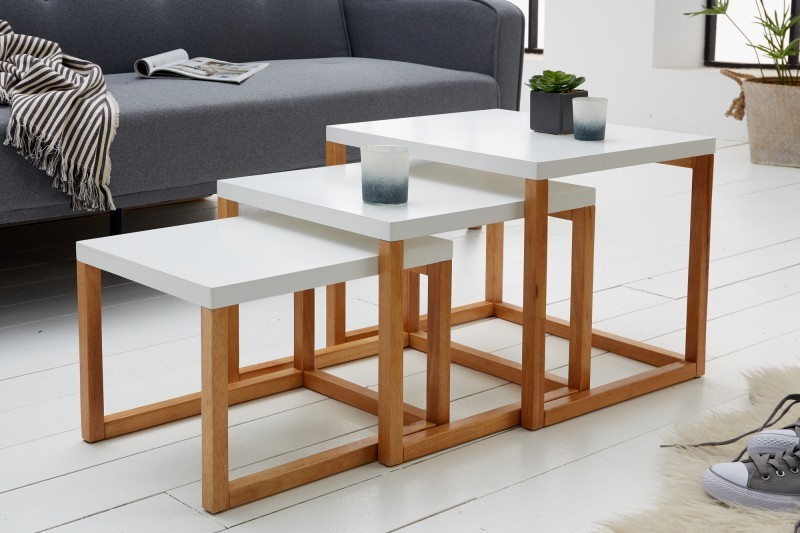 Ensemble de 3 tables d'appoint contemporain coloris  blanc et chêne naturel