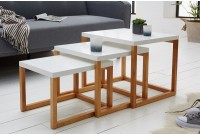 Ensemble de 3 tables d'appoint contemporain coloris  blanc et chêne naturel