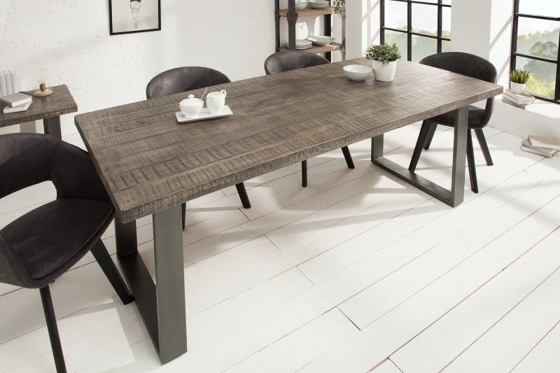 Table à manger 200cm coloris gris en bois massif et fer