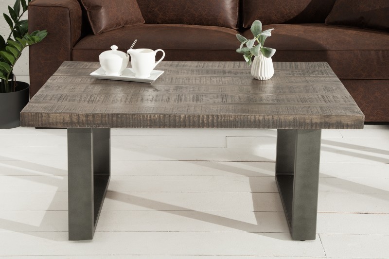 Table basse 100cm coloris gris en bois massif et fer