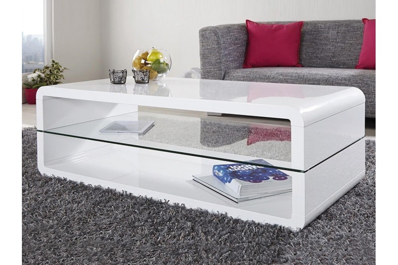 Table basse design coloris blanc laqué, avec étagère en verre