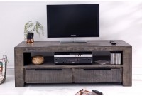 Meuble TV IRON CRAFT 130cm en bois de manguier gris 3 tiroirs