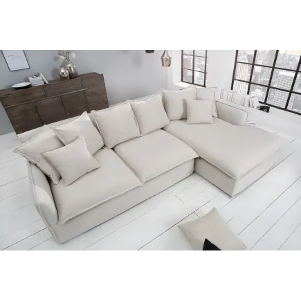 Grand canapé d'angle 255cm en lin naturel style campagnard