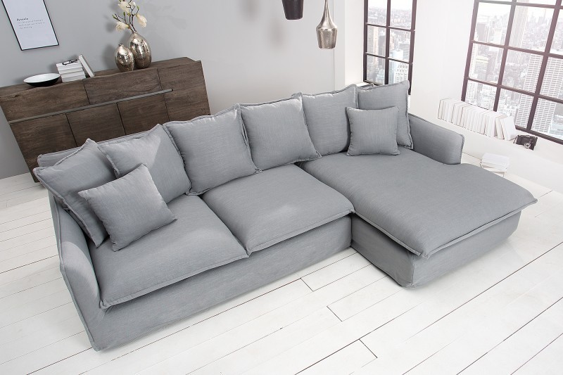 Grand canapé d'angle 255cm en lin gris style campagnard