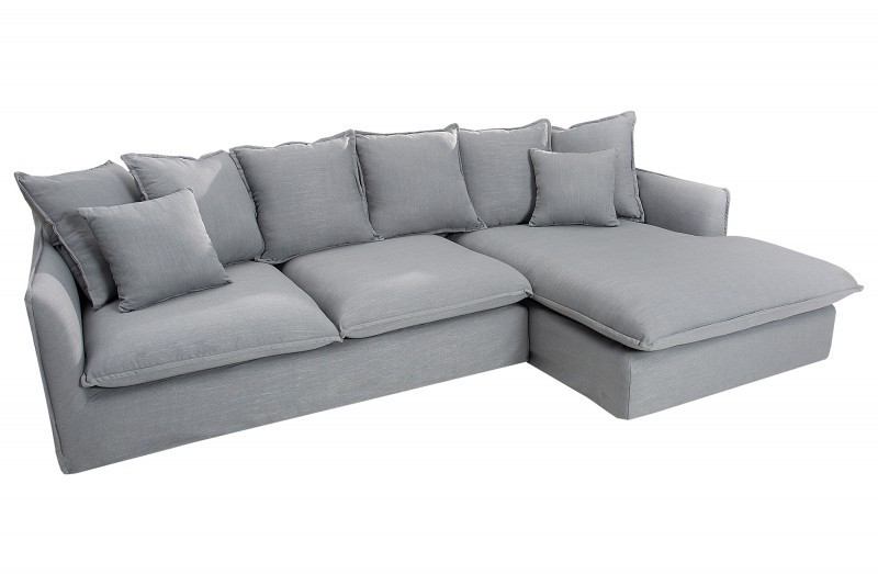 Grand canapé d'angle 255cm en lin gris style campagnard