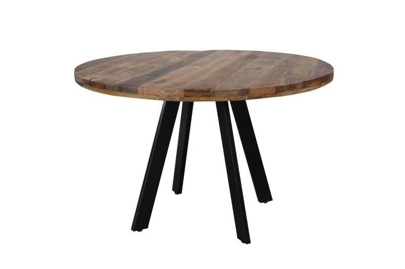 Table à manger design rond de 120 cm coloris naturel et noir en bois massif et métal Table à manger design rond de 120 cm coloris naturel et noir en bois massif et métal