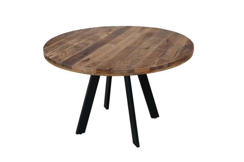 Table à manger design rond de 120 cm coloris naturel et noir en bois massif et métal Table à manger design rond de 120 cm coloris naturel et noir en bois massif et métal