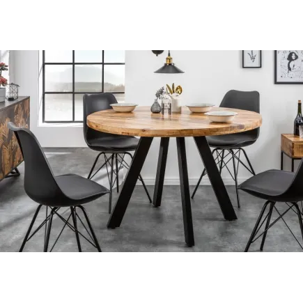 Table à manger design rond de 120 cm coloris naturel et noir en bois massif et métal