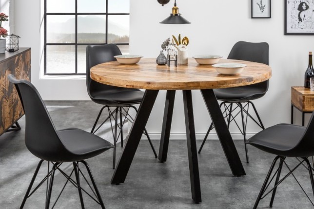 Table à manger design rond de 120 cm coloris naturel et noir en bois massif et métal