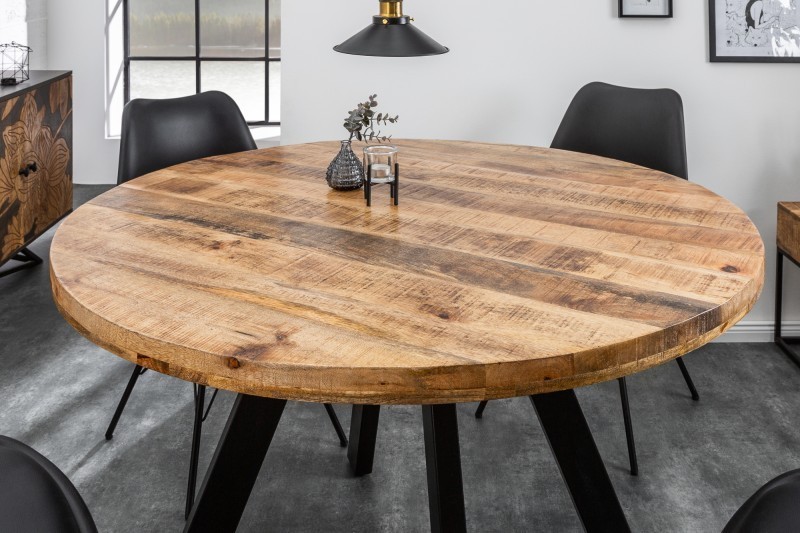Table à manger design rond de 120 cm coloris naturel et noir en bois massif et métal Table à manger design rond de 120 cm coloris naturel et noir en bois massif et métal