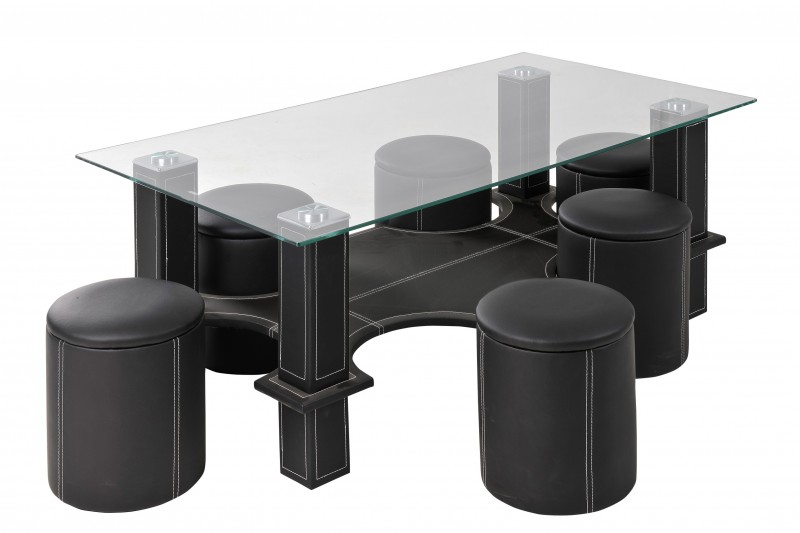 Table basse avec poufs, en éco-cuir noir et plateau en verre transparent SAMIRA au design original