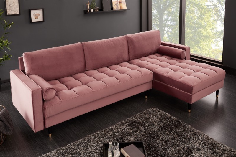 Canapé d'angle VELVET capitonné coloris rose foncé