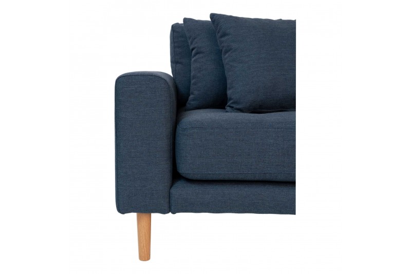 Canapé d'angle droit reversible coloris bleu foncé en tissu avec des pieds en bois naturel