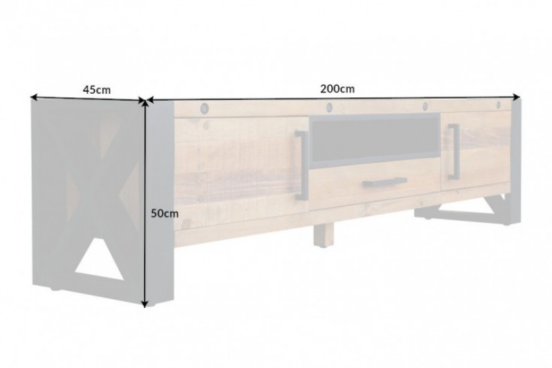 Meuble TV de 200cm en bois massif de style industriel coloris bois et noir