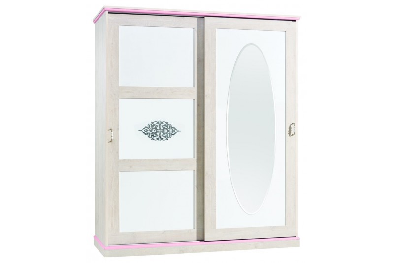 Armoire classique à portes coulissantes avec miroir  effet chêne et blanc