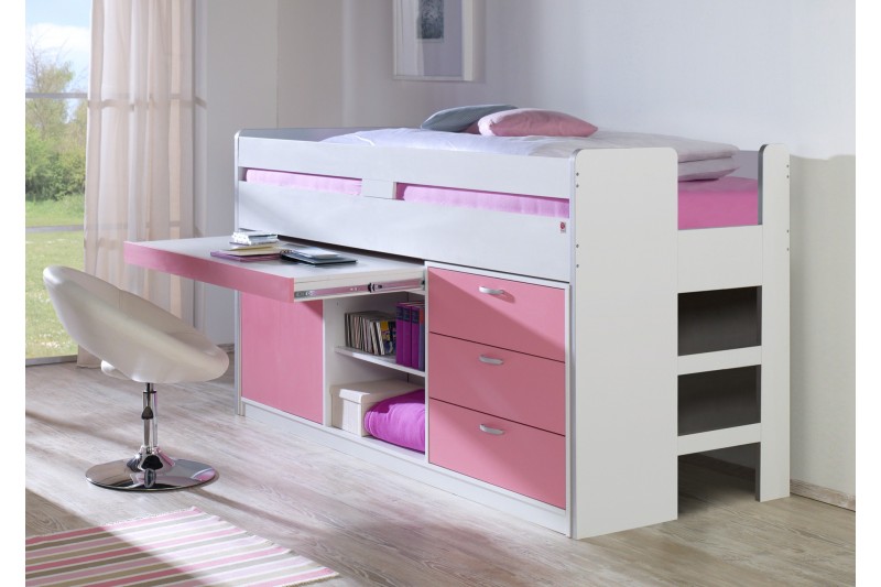 Bureau sous un lit mi hauteur coloris blanc / rose