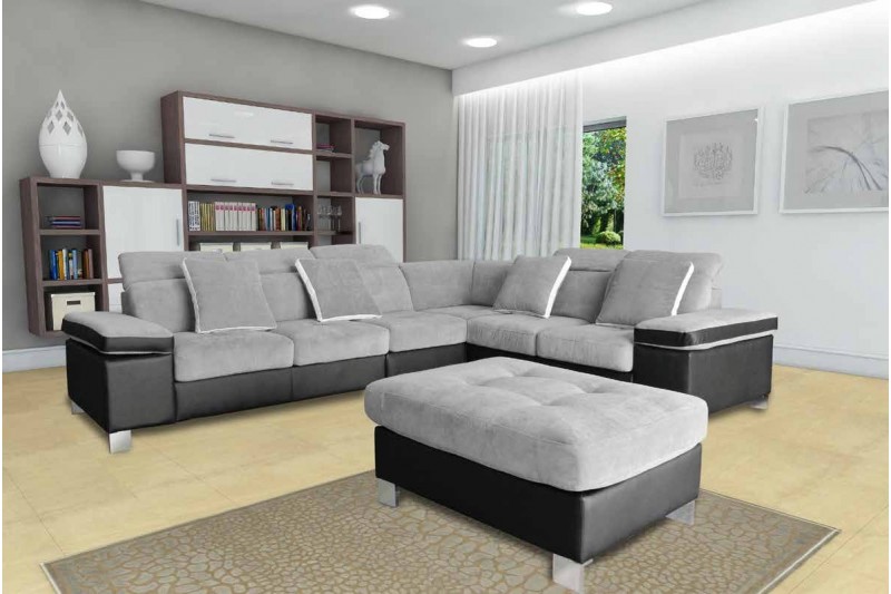 Canapé d'angle réversible teinté gris avec rangement et pouf