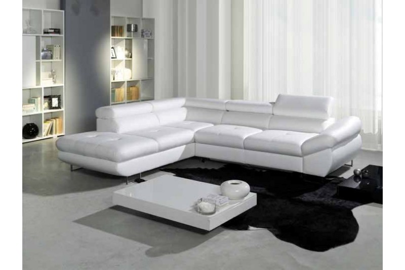 Canapé relax d'angle droit convertible avec rangement en simili cuir blanc