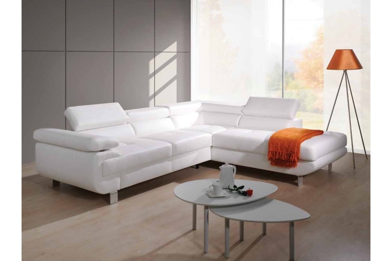 Canapé relax d'angle gauche convertible avec rangement en simili cuir blanc