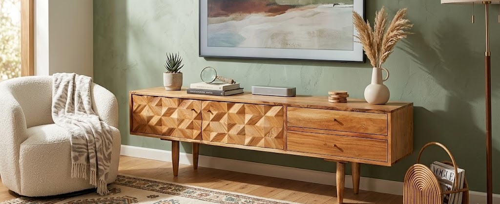 Meuble TV en bois massif dans un salon chaleureux
